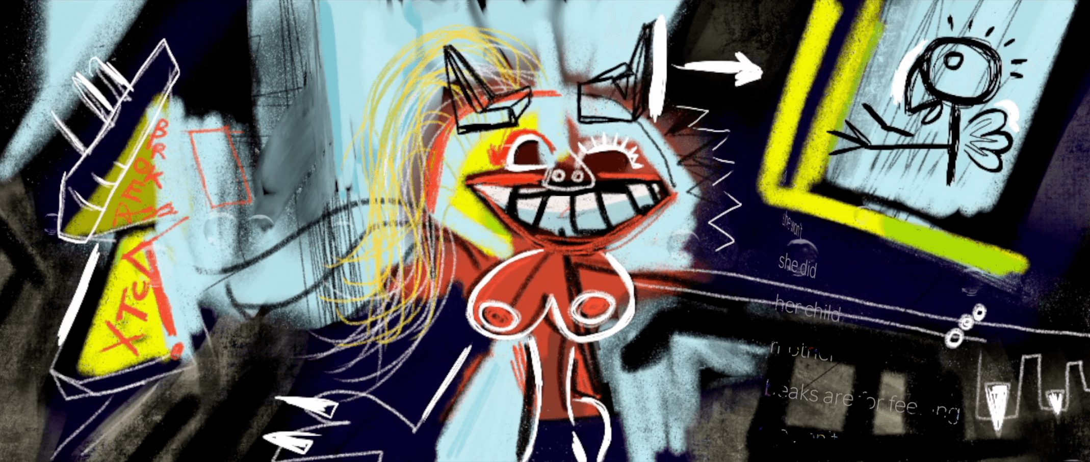 Spontaneous digital drawing with primitive feminine forms and graphic symbols