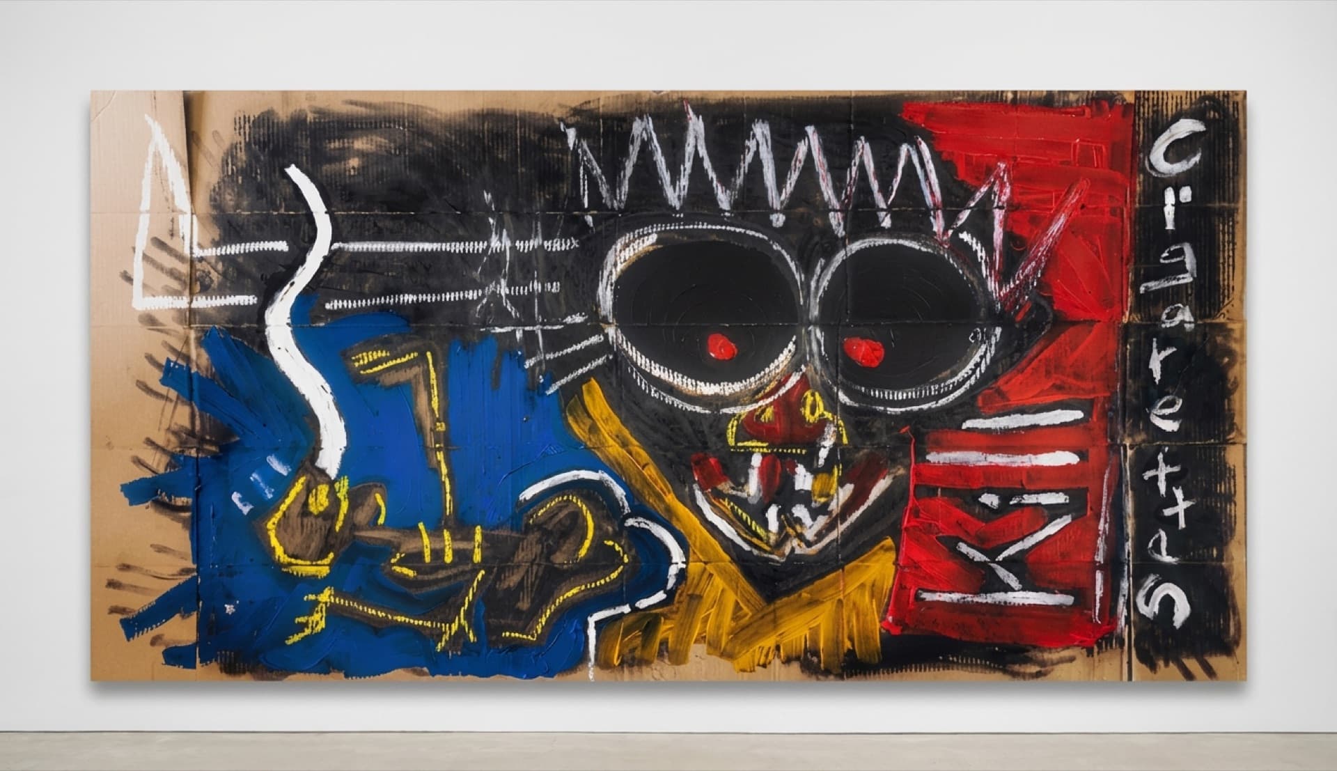 Figurative-abstract mixed-media painting with a skull-like face and graphic marks, conveying saturation, noise, and accumulation.