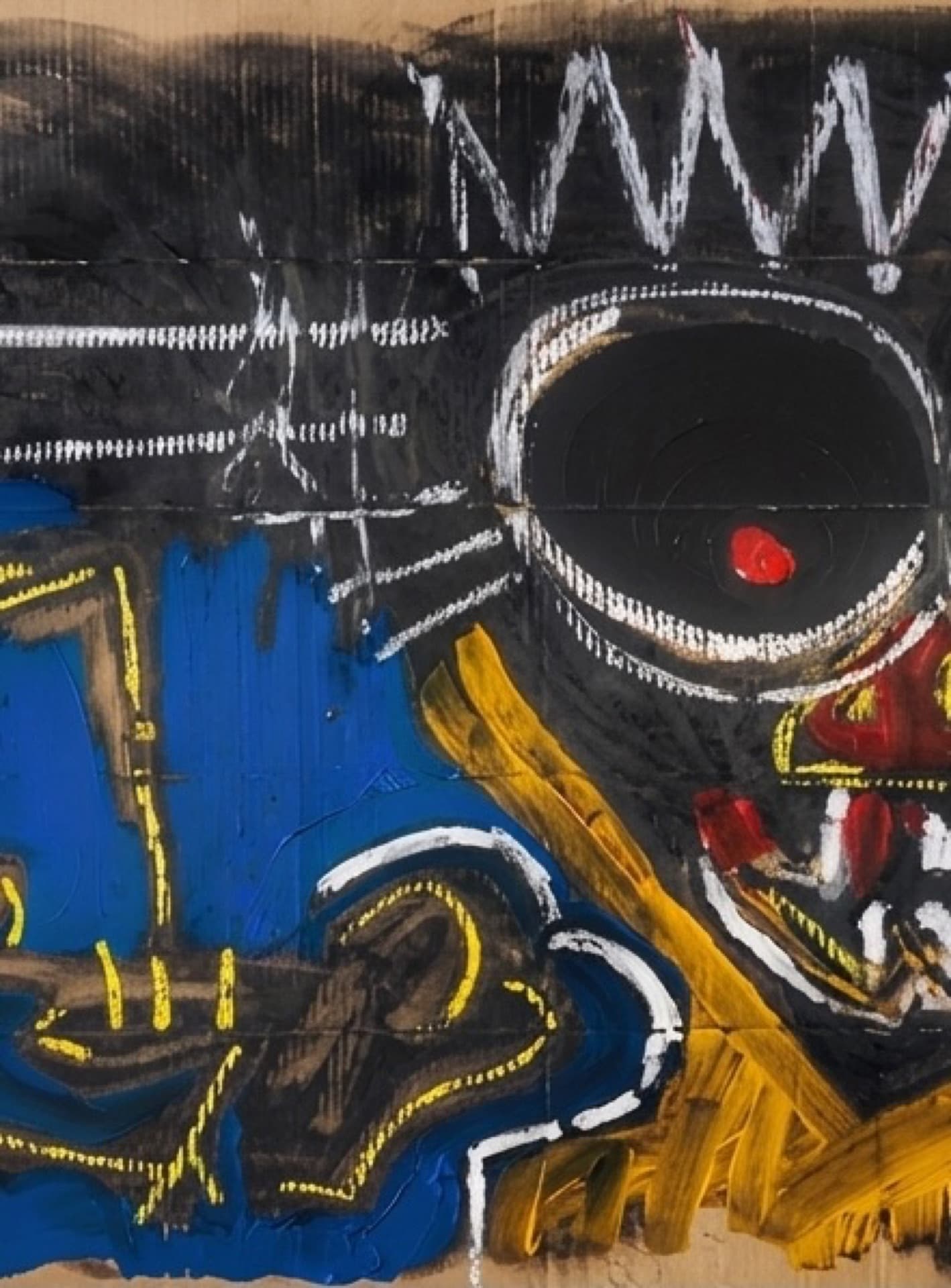 Detail of figurative-abstract mixed-media painting with skull-like face and graphic marks.