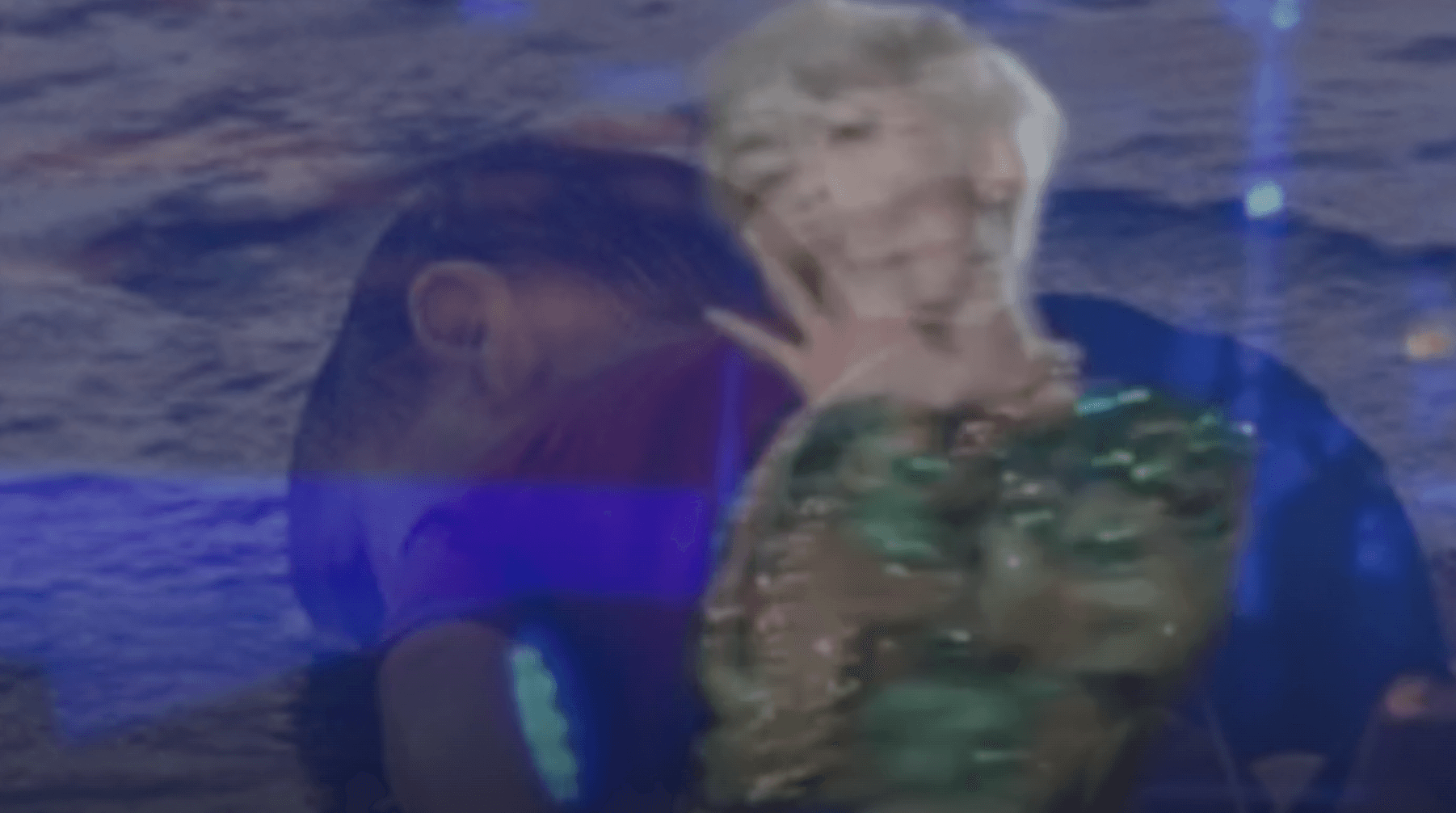 Overlay of Miley Cyrus performance with refugee imagery