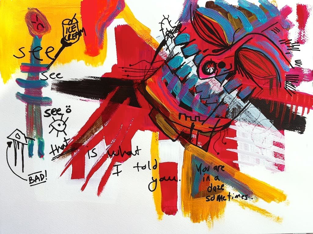 Bright, layered abstract painting with saturated colors and dense markings, evoking overstimulation and visual excess.