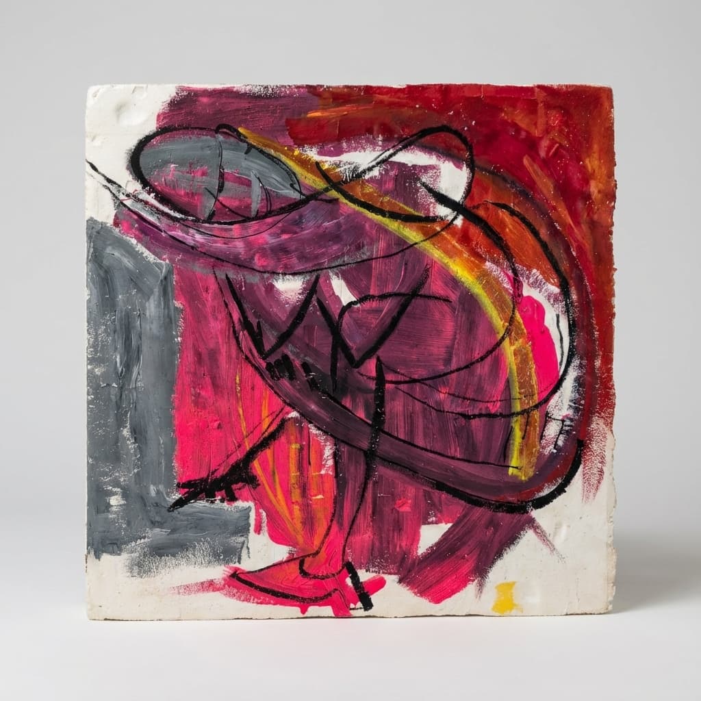 Abstract figurative painting depicting a kneeling posture through gestural lines and layered color, emphasizing weight and containment.