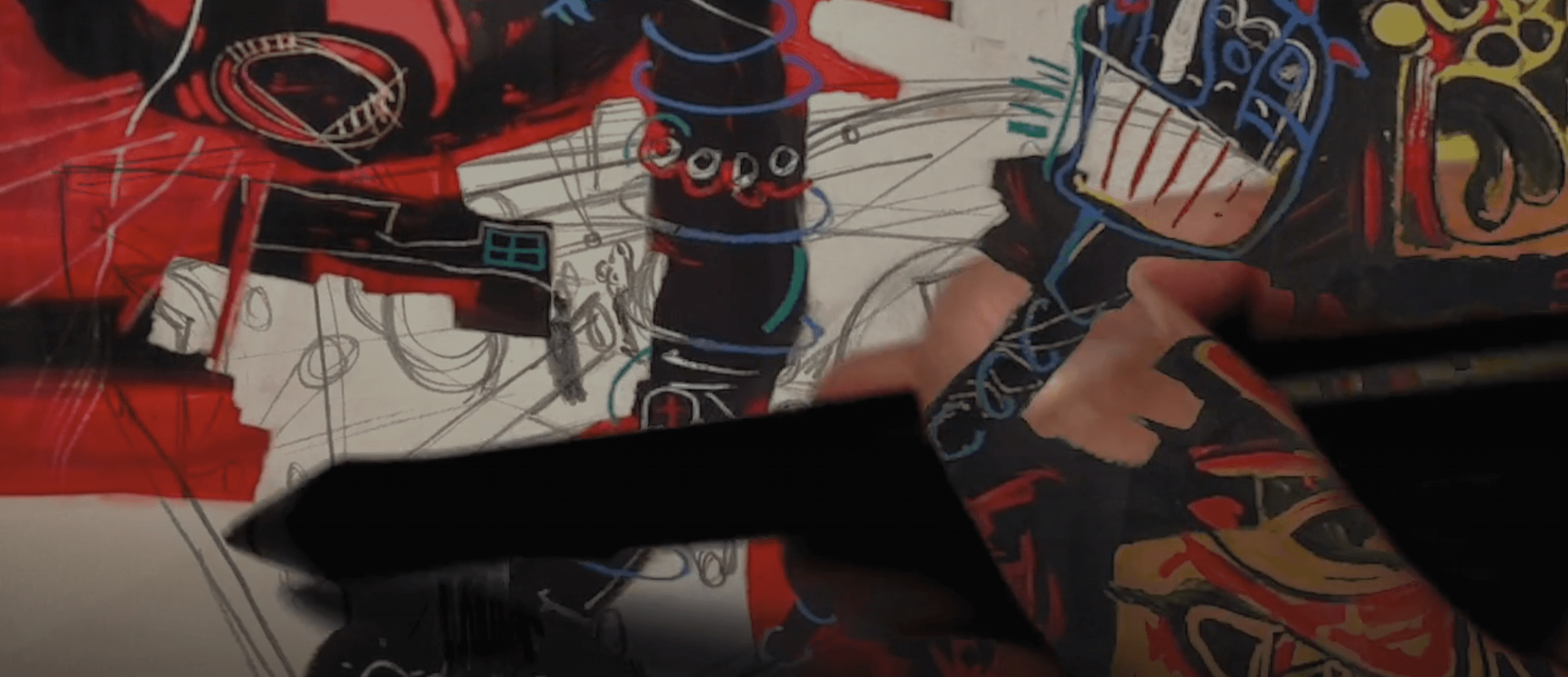 Hand drawing over colorful graffiti-style installation design