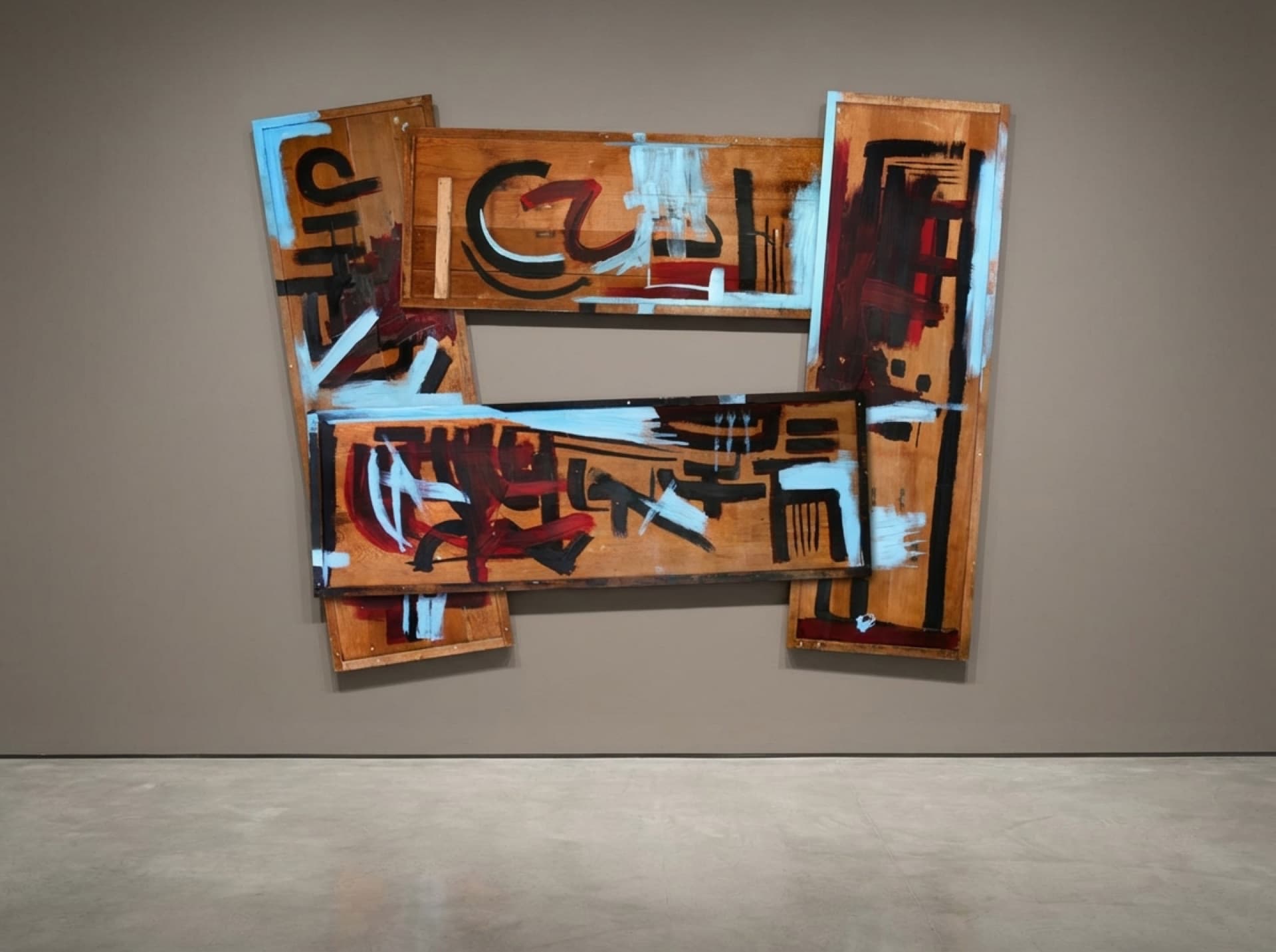 Installation view of mixed-media elements arranged in space, exploring tension between visual novelty and perceptual stability.