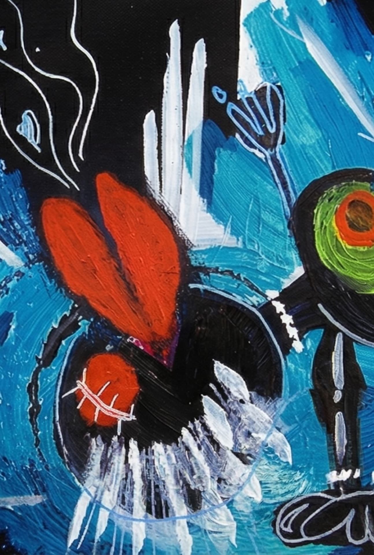 Detail of abstract mixed-media painting with energetic gestures and contrasting colors.