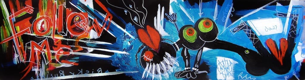 Abstract mixed-media painting with energetic gestures and contrasting colors, conveying risk, instability, and negotiated control.