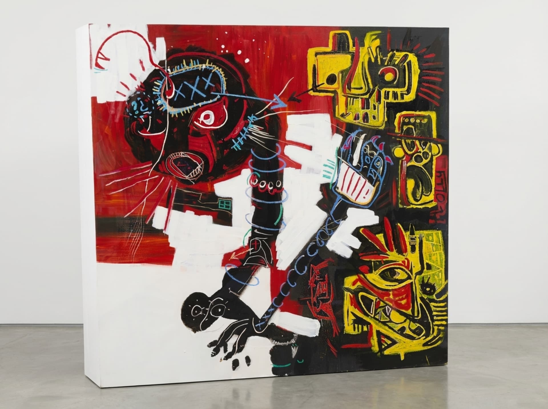 Large mixed-media painting featuring fragmented figures and graphic symbols layered densely across the surface.