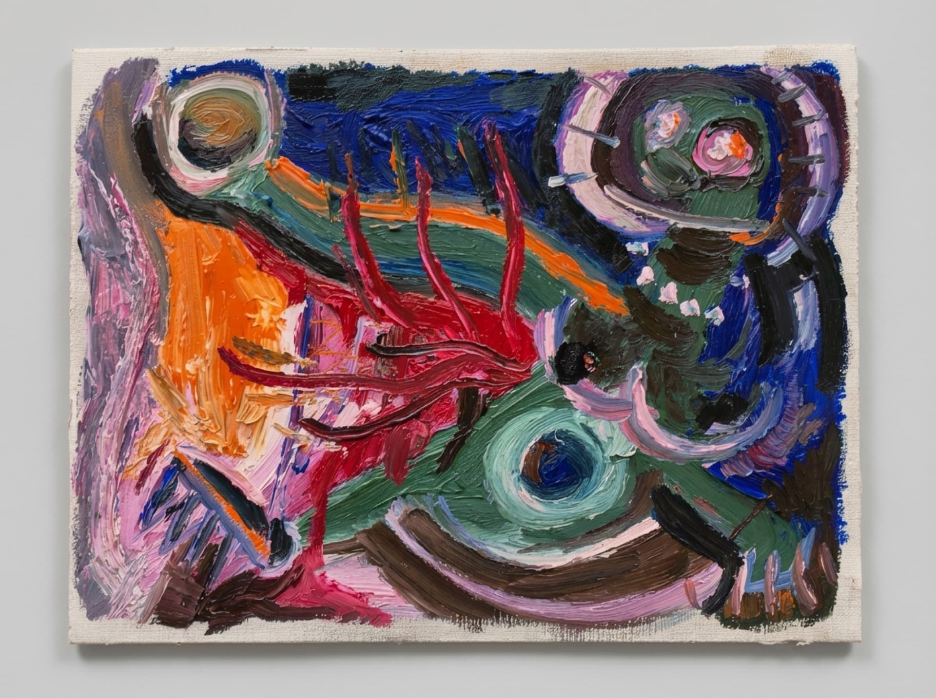 Abstract mixed-media painting with dense color fields and organic movement, presenting form under pressure rather than idealized figure.