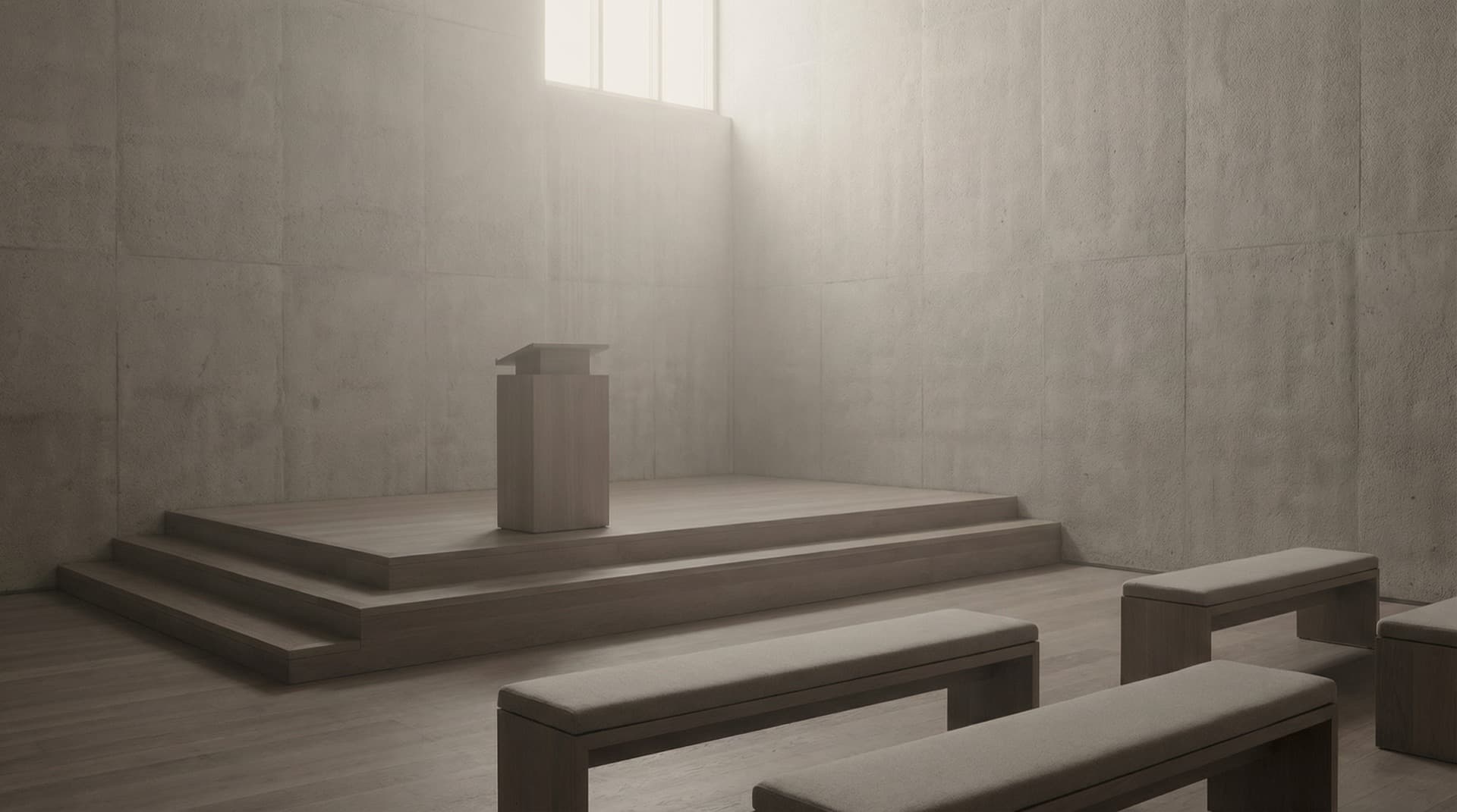 Architectural interior with a raised podium or platform creating strong vertical emphasis, suggesting how height reorganizes listening in the room.