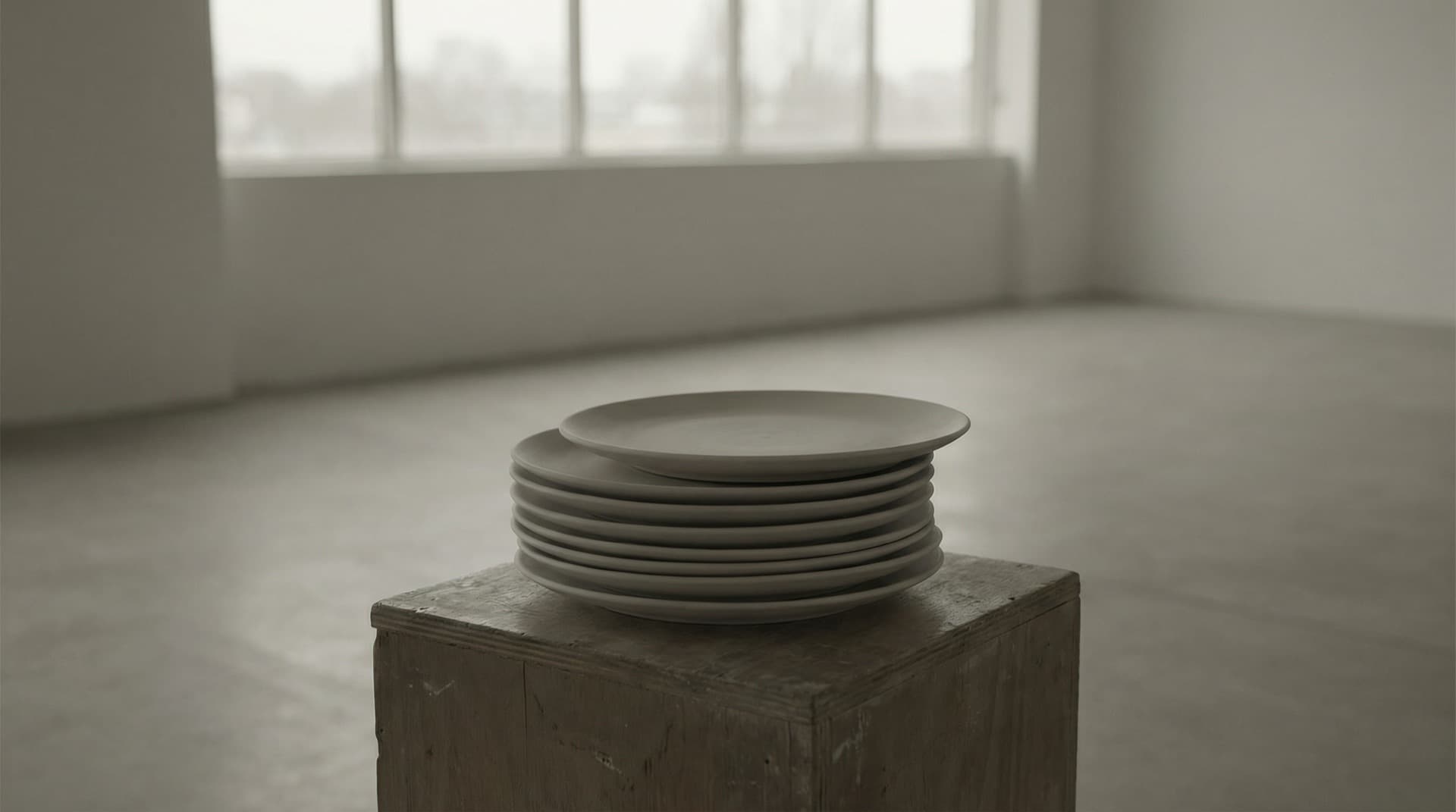 Minimal interior with a barely perceptible shift in a limb or object against a neutral background, evoking movement reduced to pure signal.